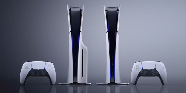 PlayStation 5 and PS5 Slim CFI-2000 model with DualSense controllers Sony promo image upscaled