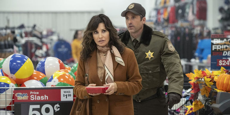 Patrick Dempsey's Newlon follows Gina Gershon's Amanda through a store in Thanksgiving movie
