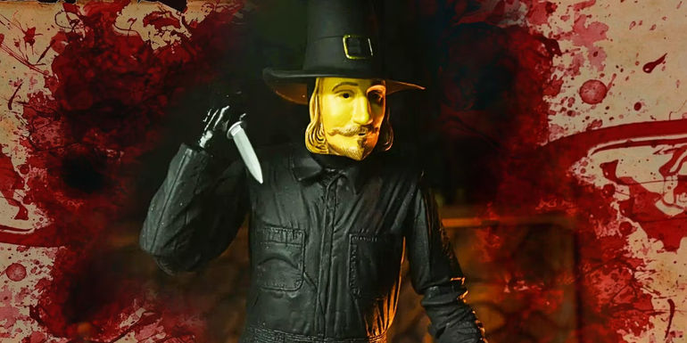 This custom image shows the John Carver killer from Thanksgiving surrounded by blood spatter.