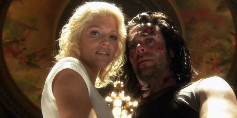 Number Six and Gaius Baltar in Battlestar Galactica.