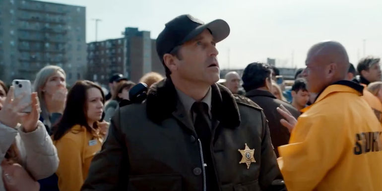 Patrick Dempsey as Sheriff Newlon with his mouth agape in Thanksgiving