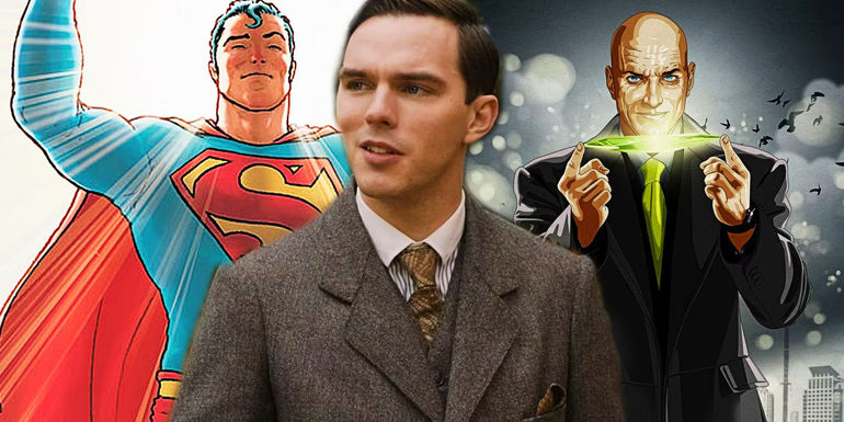 A custom image of Nicholas Hoult with Superman and Lex Luthor in the background from DC comic covers