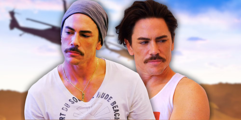 Montage of Vanderpump Rules' Tom Sandoval, in front of helicopter