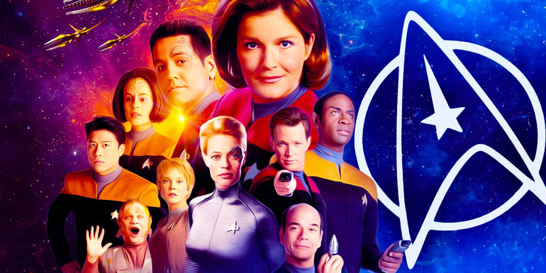 The Star Trek: Voyager cast with the Star Trek logo.