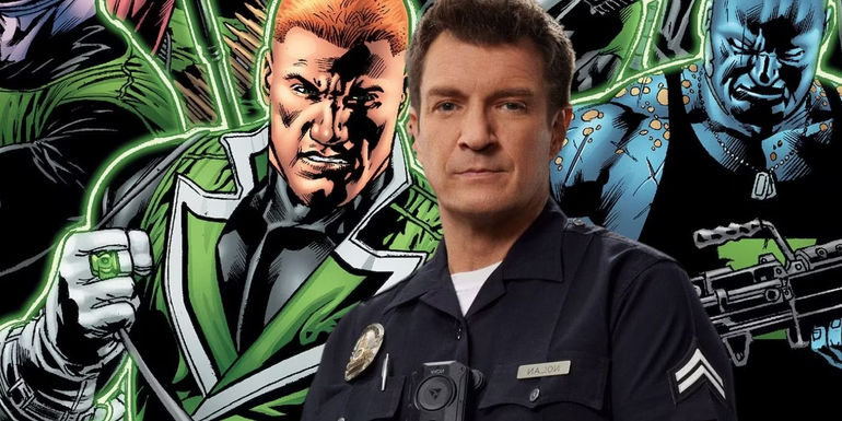 A split image of Nathan Fillion and Guy Gardner from DC comics