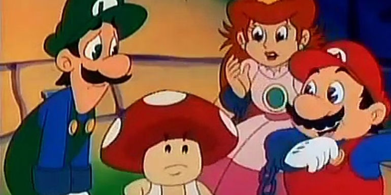 Luigi, Daisy, and Mario look at Toad in Super Mario Bros Super Show