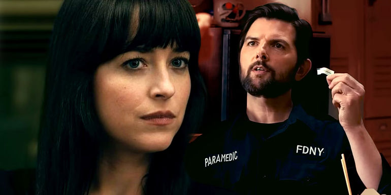 Dakota Johnson as Cassandra Webb and Adam Scott as Ben Parker in Madame Web