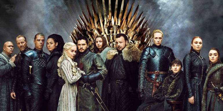 Game of Thrones season 8 cast by the Iron Throne in a promotional photo