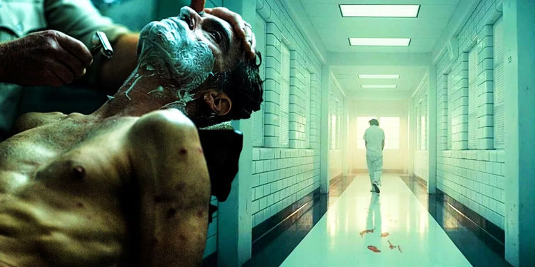 A split image of Arthur Fleck being shaved in Joker 2, and Fleck at the end of the first Joker is Arkham