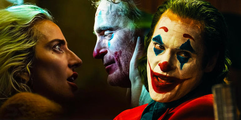 A split image of Joker and Harley Quinn look into each other's eyes in Joker 2, and Joker giving an interview in the first Joker movie