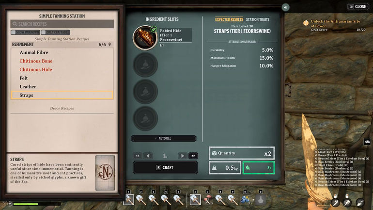 A Nightingale player in the Simple Tanning Station menu crafting Straps
