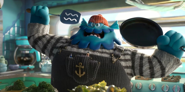 Arthur Gillman holds up frying pan and spatula in Ruby Gillman, Teenage Kraken.