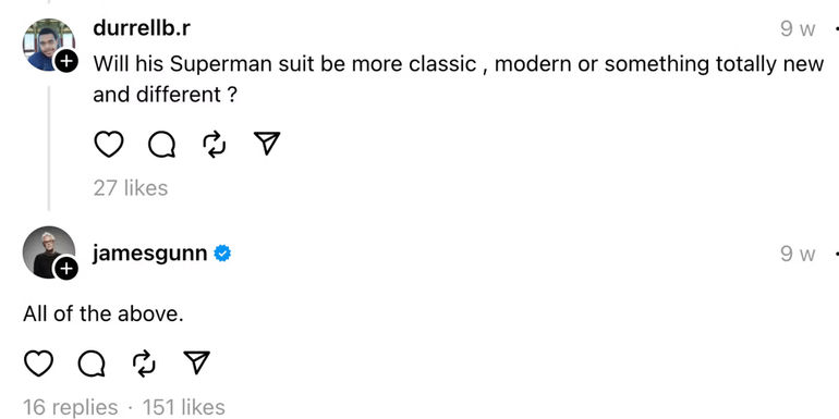 James Gunn on Threads responds to question about Superman's suit in superman legacy