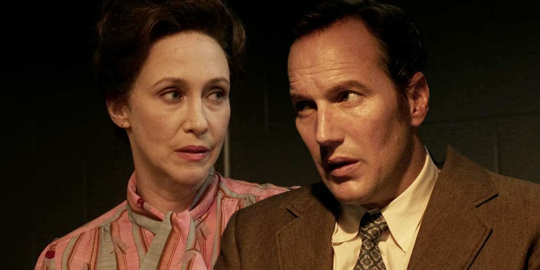 Patrick Wilson and Vera Farmiga as Ed and Lorraine Warren Looking at One Another in The Conjuring The Devil Made Me Do It