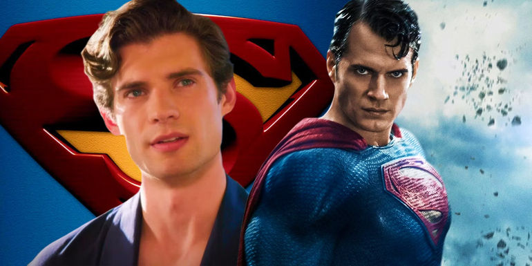 David Corenswet above the Superman logo next to Henry Cavill as the DCEU's Superman
