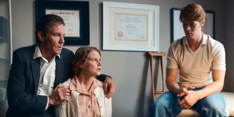 Dennis Quaid as Pastor Hill, Joelle Carter as Hellen Hill, and Colin Ford as Rickey Hill in The Hill.
