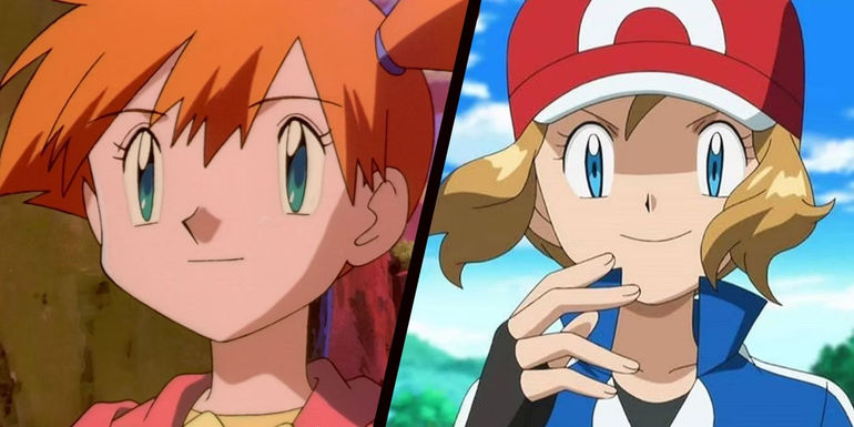 Misty and Serena wearing Ash's outfit from the Pokémon anime.
