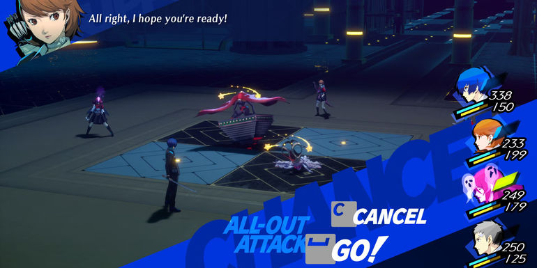 Image of the team performing an all-out attack on the Bloody Maria boss in Persona 3 Reload - Since you'll also be up against the Executioner's Crown, this enemy is weak to Fire so you'll want to utilize a Persona with Fire abilities, or use Junpei's Fire attacks