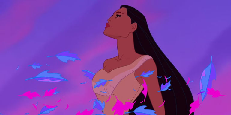 Leaves swirl around Pocahontas in the Disney Film - Pocahontas