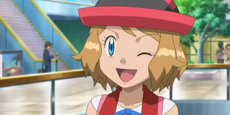 Pokemon's Serena winks in the middle of a mall.