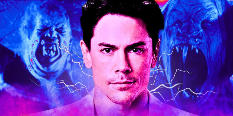 Vanderpump Rules Tom Sandoval monster montage with pink and purple tones.