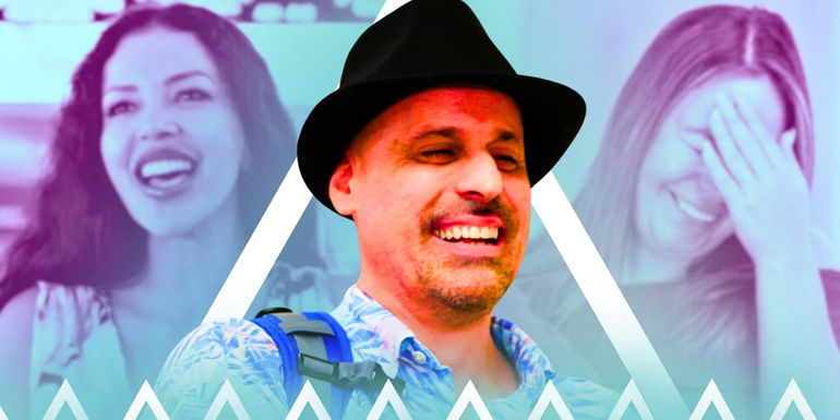 90 Day Fiancé Gino Palazzolo with black hat smiling and Jasmine with Liz in the background having a laugh