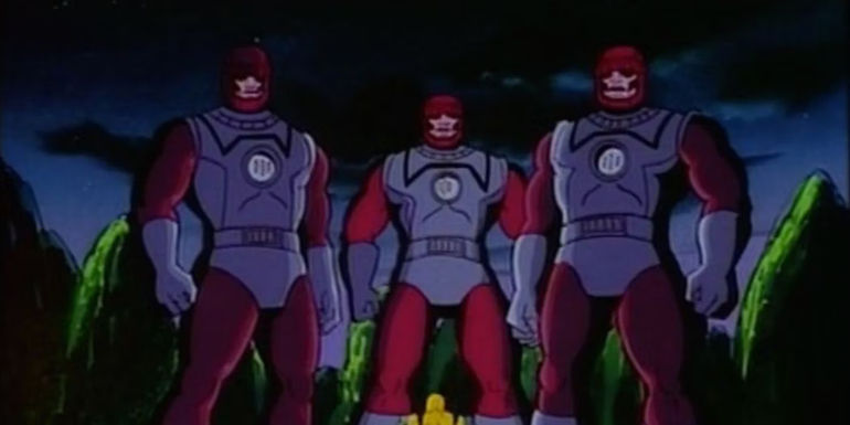 Three Sentinels standing together in X-Men The Animated Series - See X-Men: TAS Season 1, Episodes 1-2 "Night Of The Sentinels" & Season 5, Episode 10 "Graduation Day" - Mutant-Human Relations Remain Strained