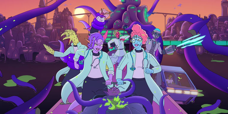 Sleech and Klak walking away from the hospital with their colleagues in The Second Best Hospital in the Galaxy - Episode 3 - Klak & Sleech's Chore Chart