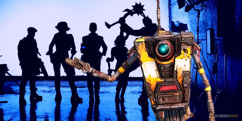 Borderlands movie cast in silhouette with Claptrap from the games superimposed over - Jack Black Voicing Claptrap Shows Borderlands Understands The Problem With Video Game Adaptations