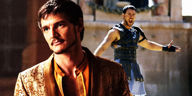 Collage of Pedro Pascal in Game of Thrones and Russell Crowe in Gladiator - Gladiator 2 will have to become Scott's highest grossing movie ever - Gladiator 2's Budget Makes It Much Tougher For The Sequel To Be A Box Office Hit