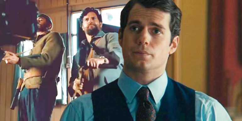Henry Cavill shooting a gun in The Ministry of Ungentlemanly Warfare juxtaposted with Cavill in The Man From UNCLE. - The Ministry of Ungentlemanly Warfare is the upcoming movie from Guy Ritchie, who is known for his comedy action films (such as Snatch and The Gentlemen)