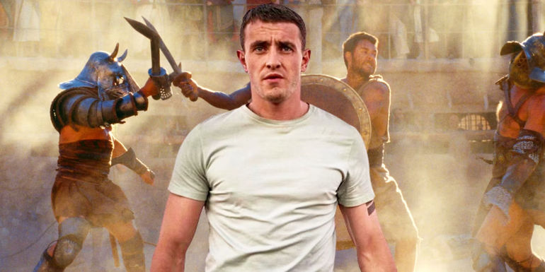 Paul Mescal in Carmen juxtaposed with gladiators fighting in Gladiator - The 2023 strikes added costly delays to the production - Why Gladiator 2's Budget Is So Much Bigger Than Expected