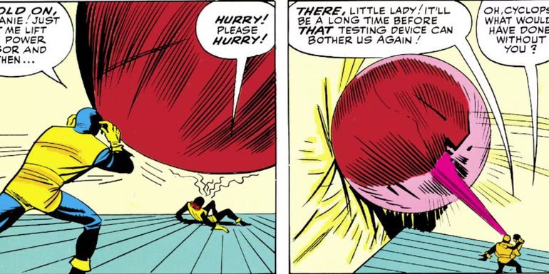 Cyclops saves Jean Grey from a large ball in Marvel Comics