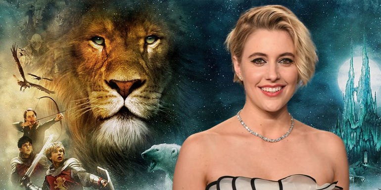 Greta Gerwig with a Chronicles of Narnia poster - Netflix Reveals More About Gerwig's Adaptation - The Chronicles Of Narnia Latest News