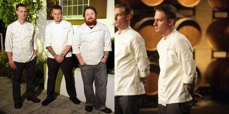 Split image showing Kevin and the Voltaggio brothers during the finale of Top Chef: Las Vegas - Top Chef Season 6