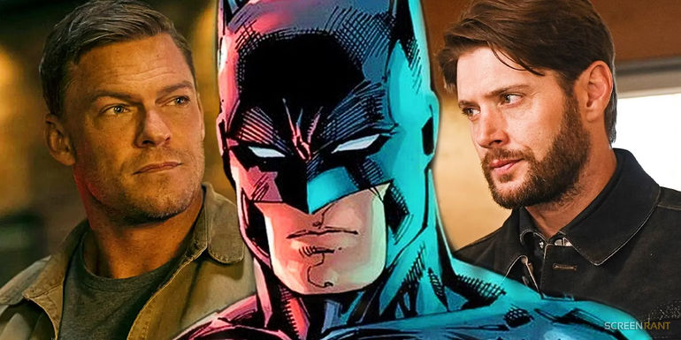 Alan Ritchson in Reacher and Jensen Ackles in Big Sky at each side of DC Comics' Batman - Is Alan Ritchson Actually Up For Batman In James Gunn's DC Universe?