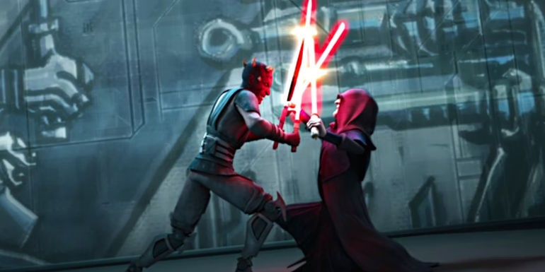 Maul with Darksaber dueling Palpatine on Mandalore.