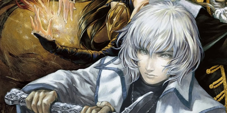 Soma Cruz in Harmony of Despair cover art with Alucard and Shanoa in background