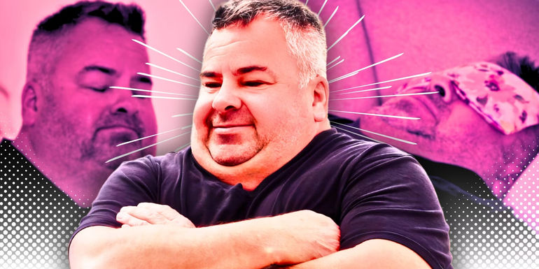 Montage of 90 Day Fiance's Big Ed Brown with two different expressions and a pink background 