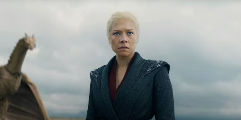 Rhaenyra Targaryen with her dragon, Syrax, in House of the Dragon season 2