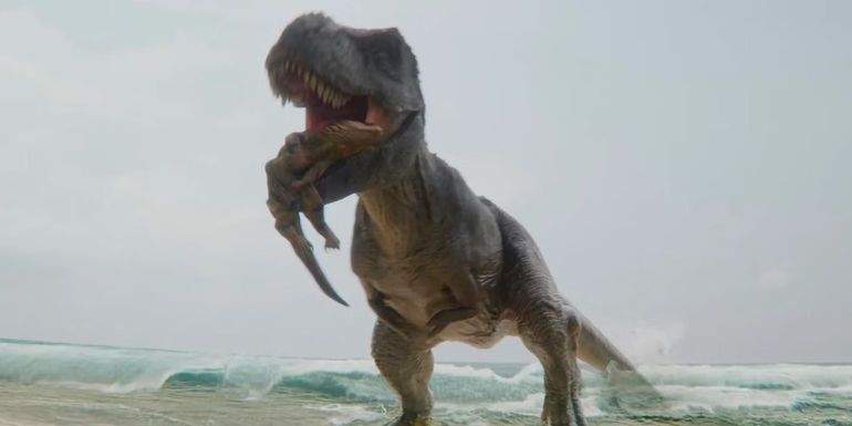 A T rex on the beach in Meg 2 The Trench