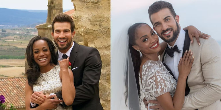 Two photos of The Bachelorette Season 13's Rachel Lindsay and Bryan Abasolo on their engagement day and wedding day
