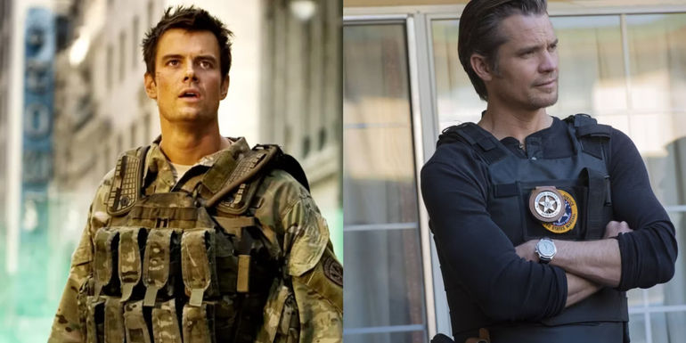 Split image of Josh Duhamel as William Lennox in the Transformers franchise and Timothy Olyphant as Raylan Givens in Justified