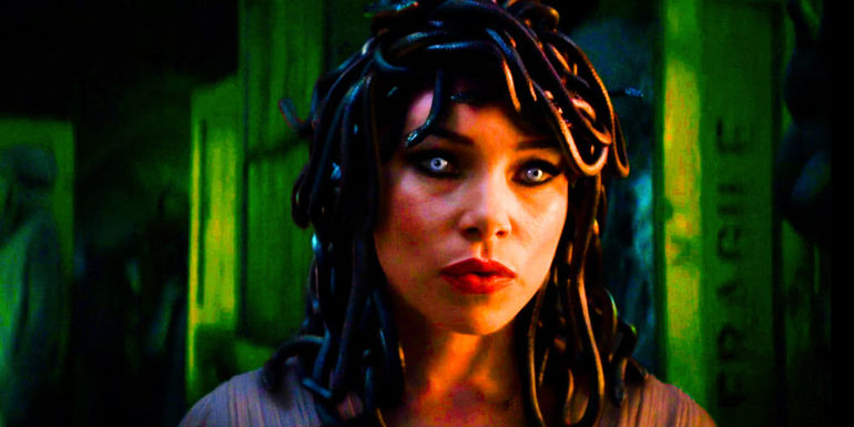 Jessica Parker Kennedy as Medusa with her eyes and snake hair in Percy Jackson and the Olympians episode 3