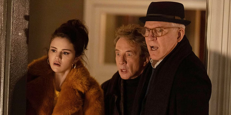 Charles, Oliver, and Mabel looking shocked in Only Murders in the Building