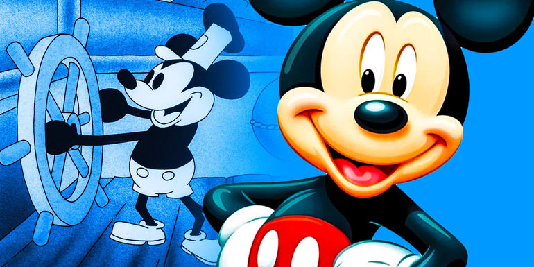 Modern Mickey mouse and steamboat willie