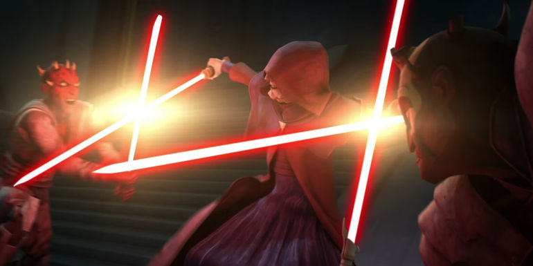Darth Sidious fighting off Maul and Savage Opress at the same time in The Clone Wars.