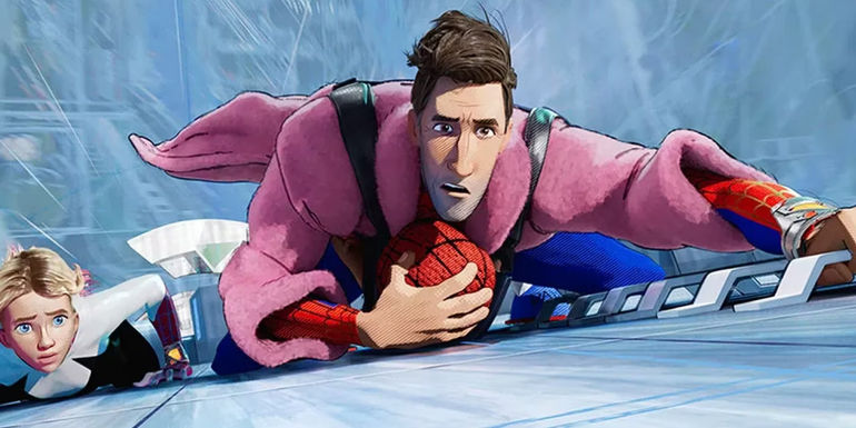 Peter B Parker climbing a train with Gwen and Mayday in Across the Spider-Verse