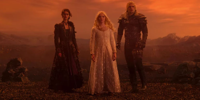 Yennefer, Geralt, and Ciri facing the Wild Hunt.