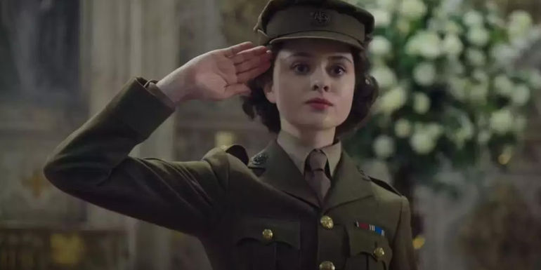 Teenage Elizabeth salutes Queen Elizabeth II in The Crown finale